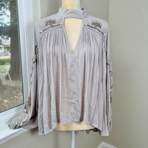 Free People Embellished Tunic Top XS Beige Keyhole Neckline Long Sleeve‎ Boho